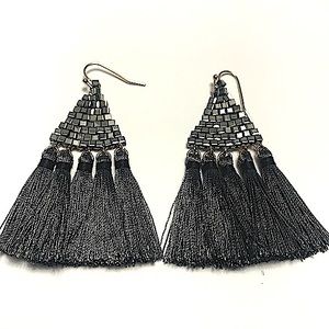 Boho Chic Hematite Crystal & Silk Tassel Chandelier Earrings - NEW